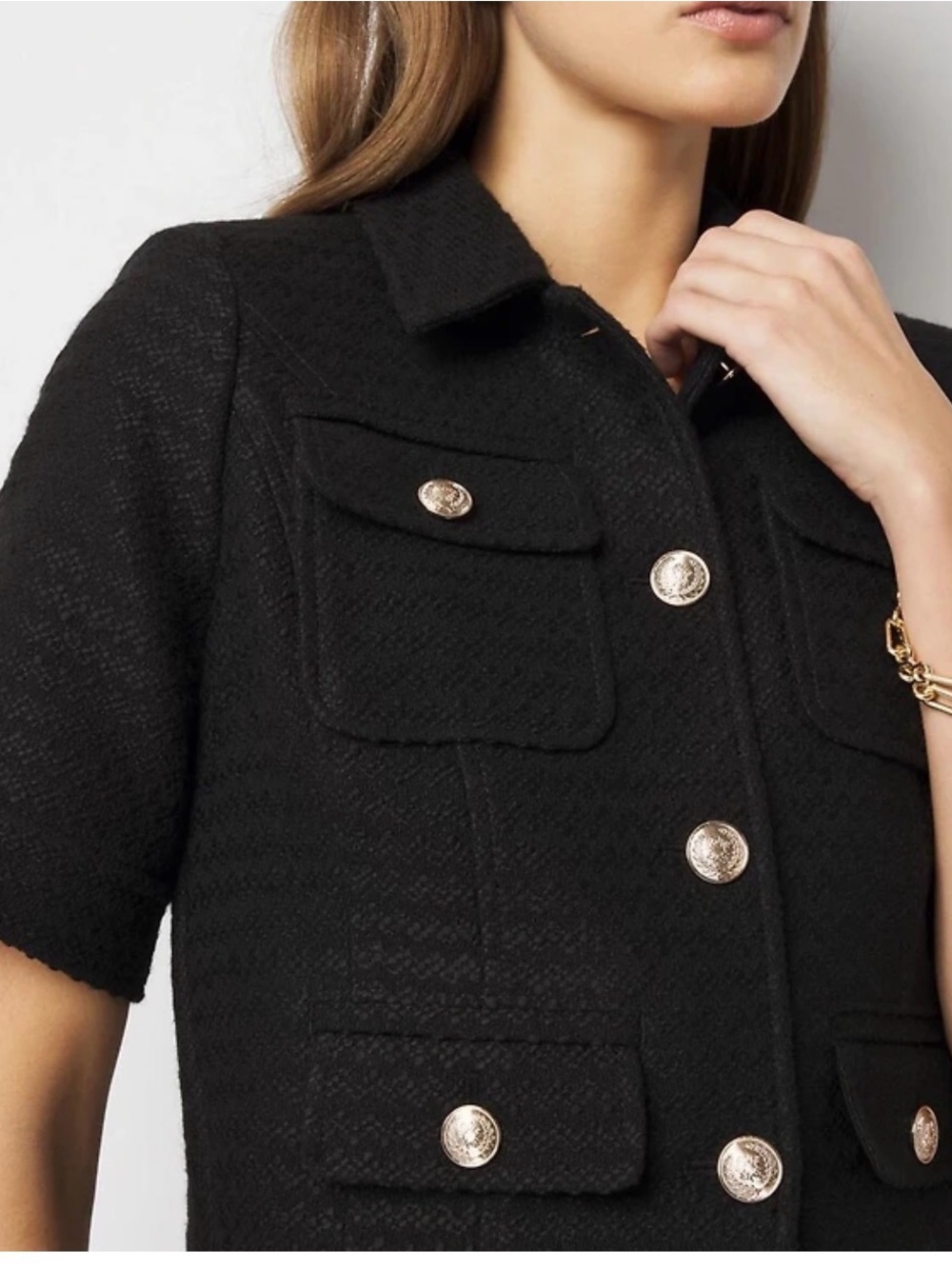 Short Sleeve Black Tweed Jacket, Gold buttons - Picture 2 of 4